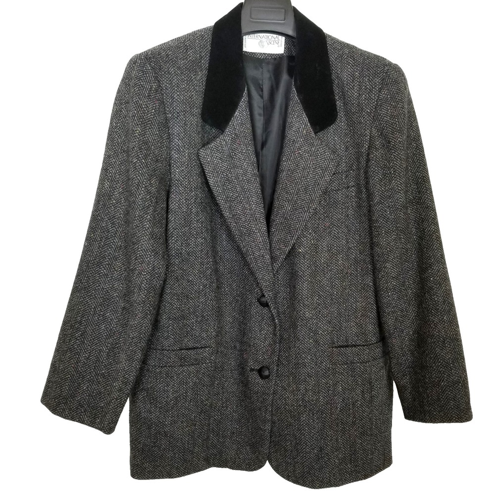 International Scene Women Herringbone Wool Blazer Jacket Sz 11/12 Gray Classic